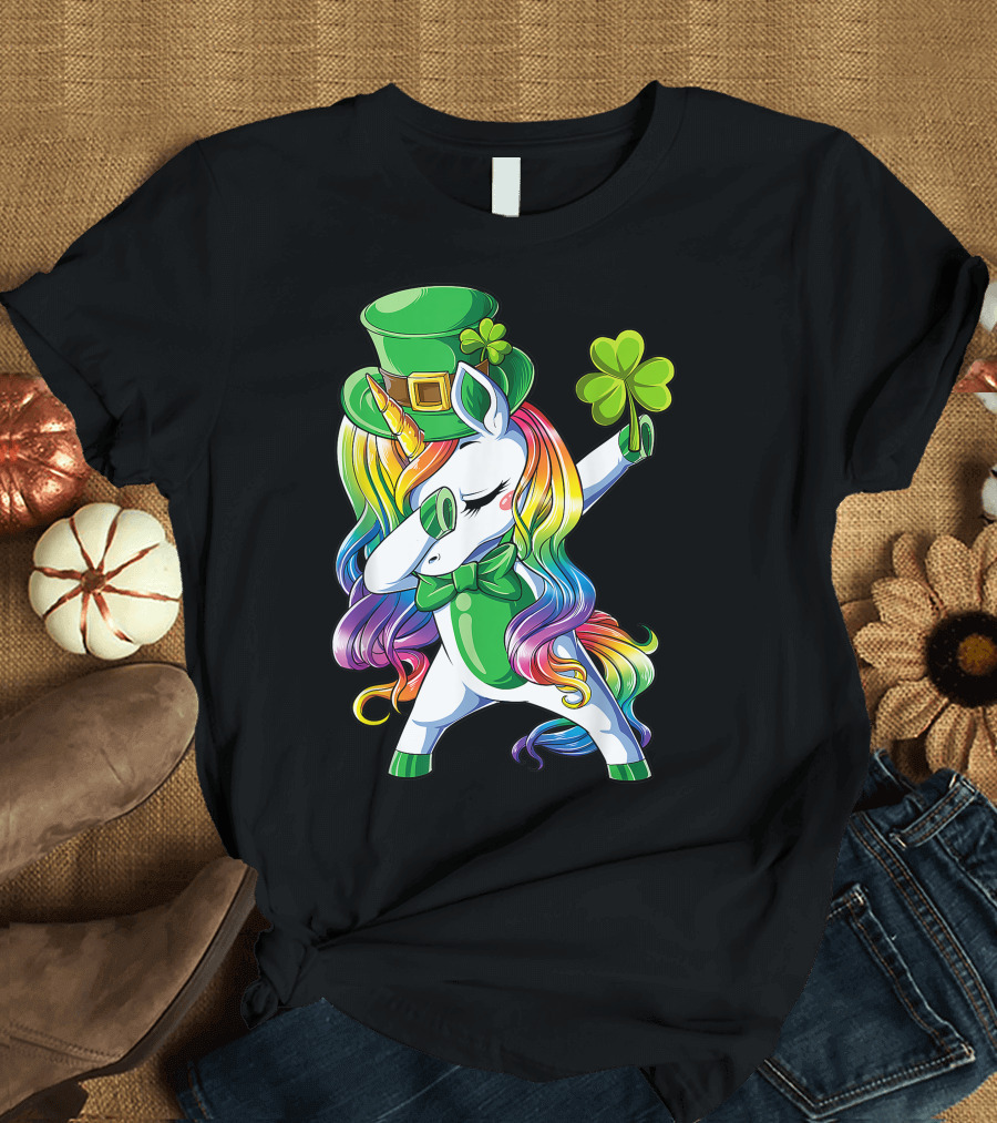 St Patricks Day Girls Dabbing Unicorn Leprechaun Lepricorn Rainbow Shamrock T-Shirt