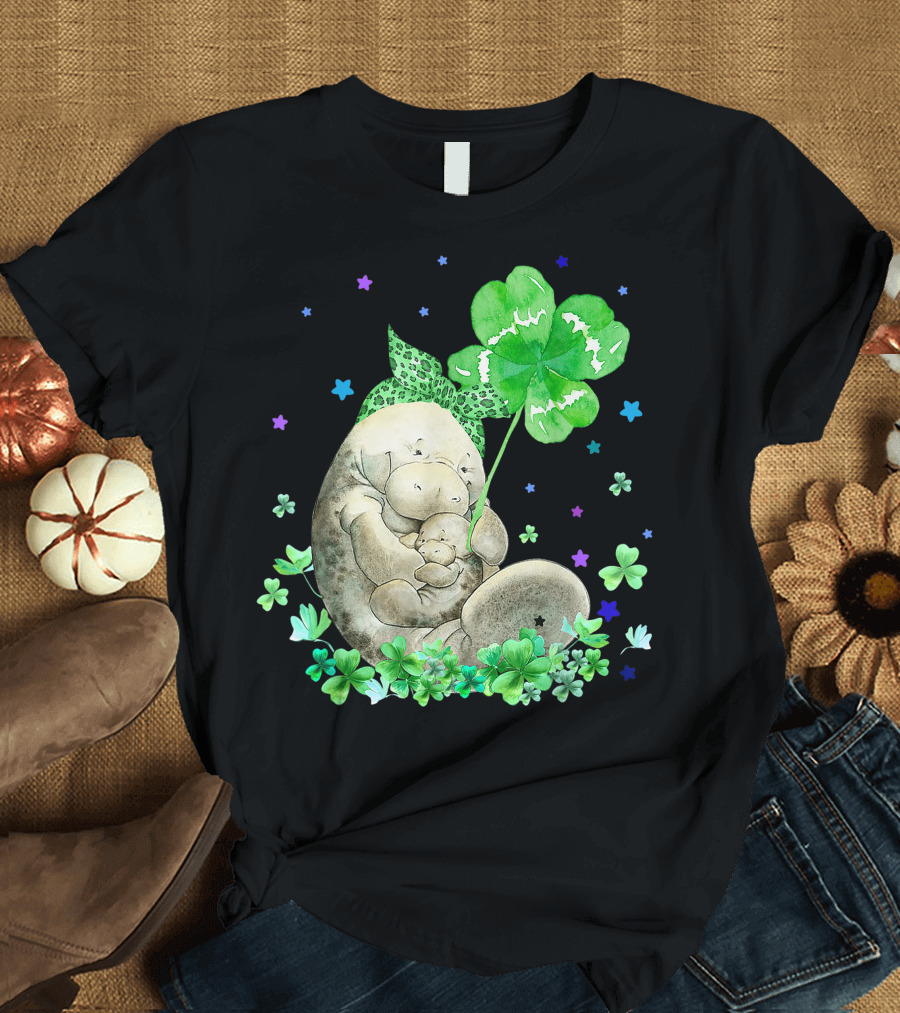 Manatee with Shamrock Holding Baby Surrounded by Stars and Clovers T-Shirt