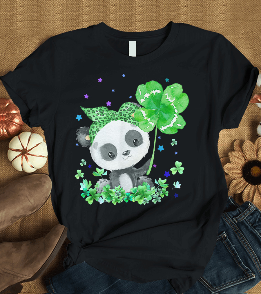 Panda Holding Shamrock Surrounded by Stars and Clovers Cute T-Shirt