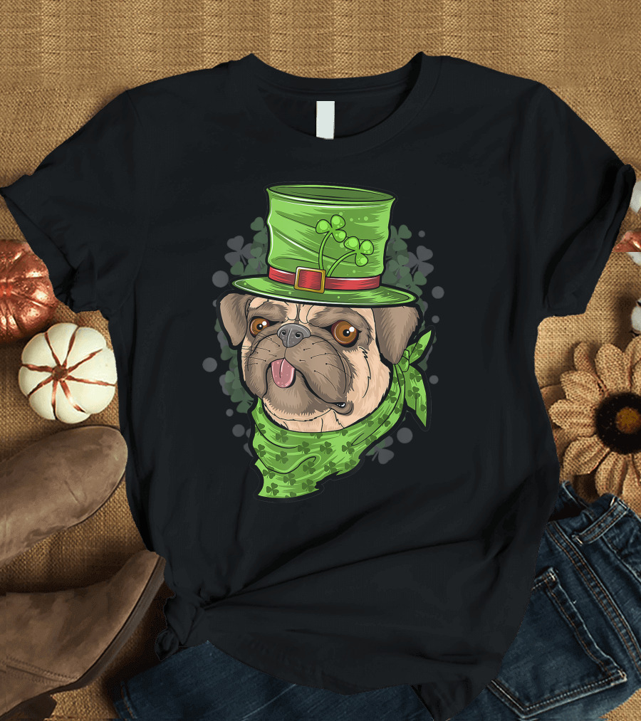 St. Patrick's Day Pug Puppy Dog in Shamrock Hat and Bandana T-Shirt