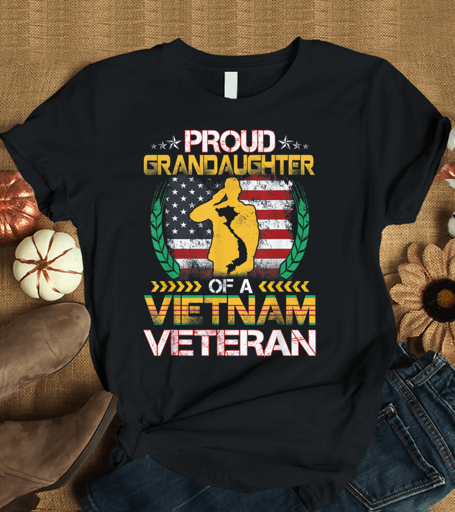 Proud Granddaughter Of A Vietnam Veteran Saluting American Flag With Vietnam Map and Laurel Wreaths T-Shirt