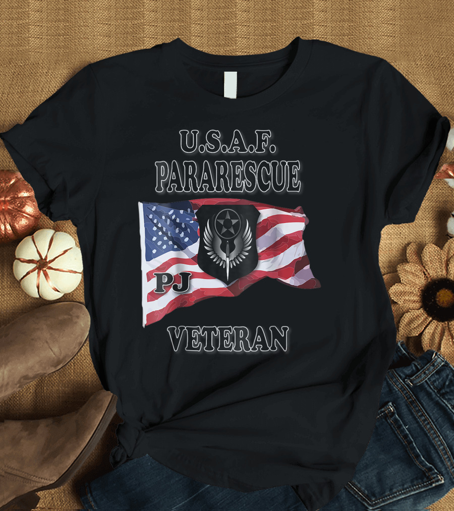 U.S.A.F. Pararescue PJ Veteran American Flag Emblem T-Shirt