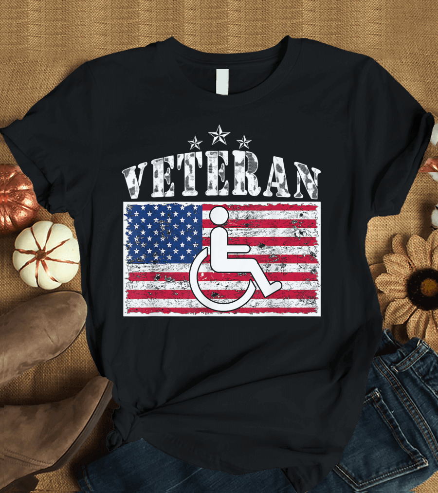 Veteran Wheelchair American Flag Patriotic Stars T-Shirt