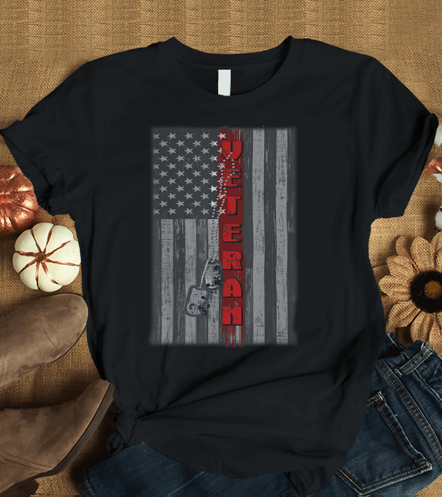 American Flag Red Line Veteran Dog Tag T-Shirt