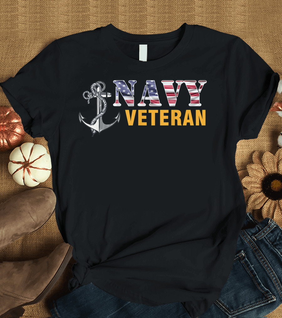 Navy Veteran Anchor American Flag Patriotic T-Shirt
