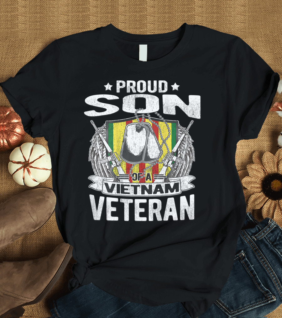 Proud Son of a Vietnam Veteran Family with Military Dog Tags and Guns T-Shirt
