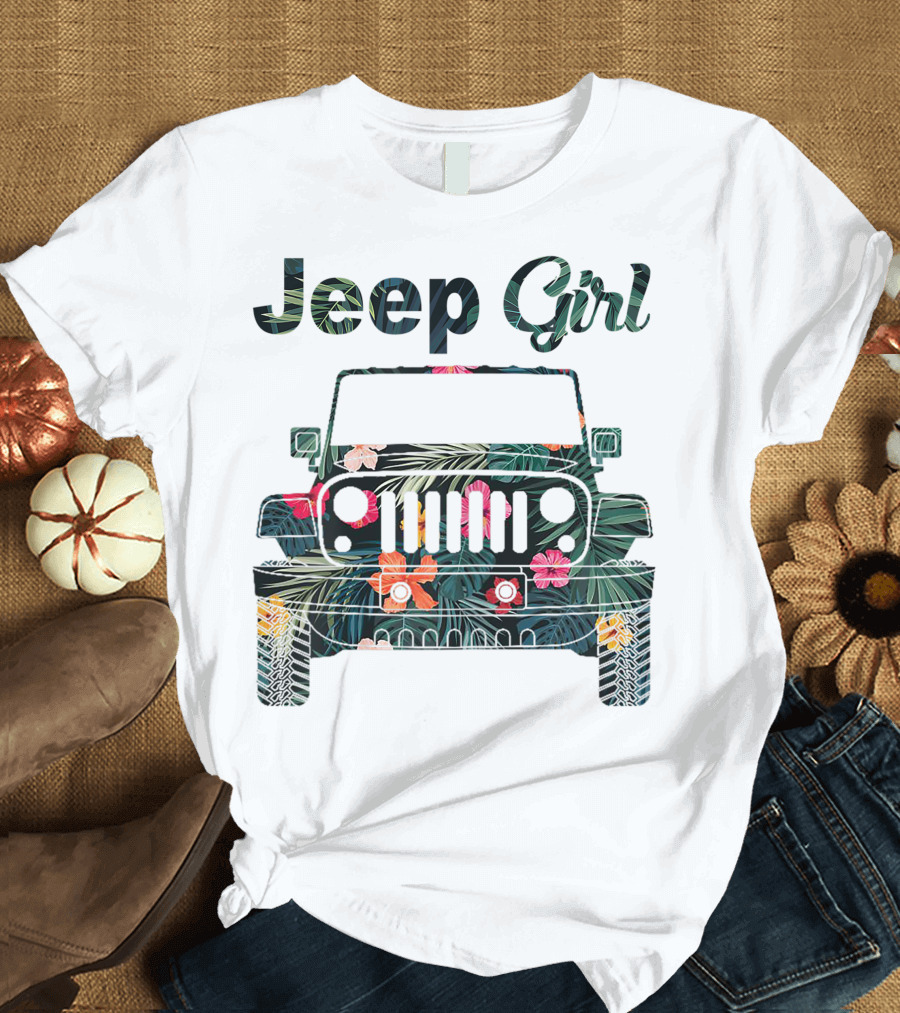 Jeep Girl Flower Pattern Veteran Soldier Military Flag Jeep T-Shirt