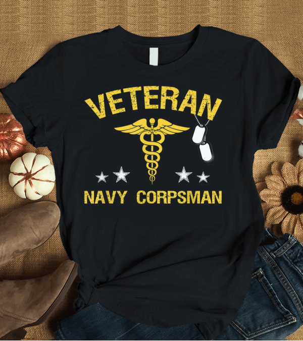 T-Shirt: Veteran Navy Corpsman Caduceus with Dog Tags and Stars T-Shirt Veteran Navy Corpsman Caduceus with Dog Tags and Stars T-Shirt