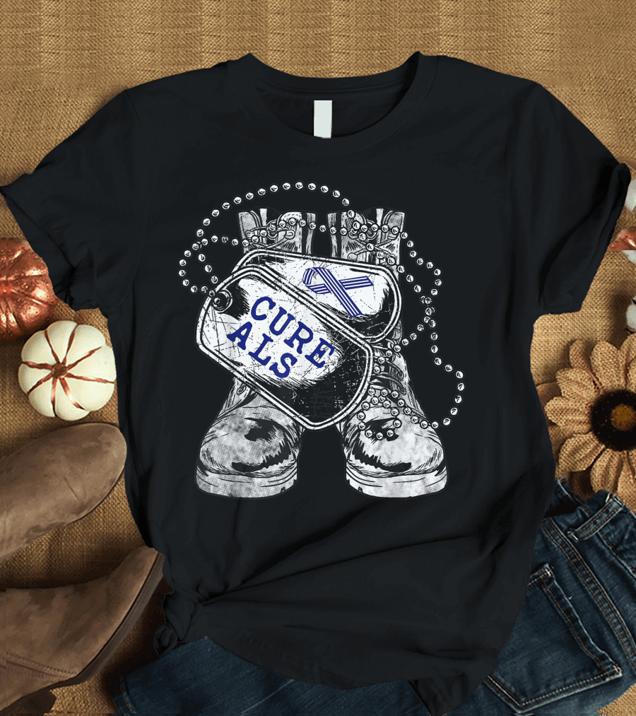 Cure ALS Military Dog Tags and Combat Boots Awareness for Veterans T-Shirt