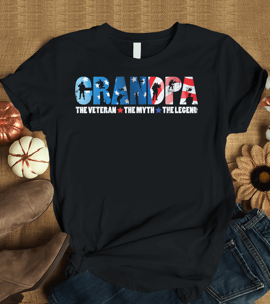 GRANDPA The Veteran The Myth The Legend American Flag Stars T-Shirt