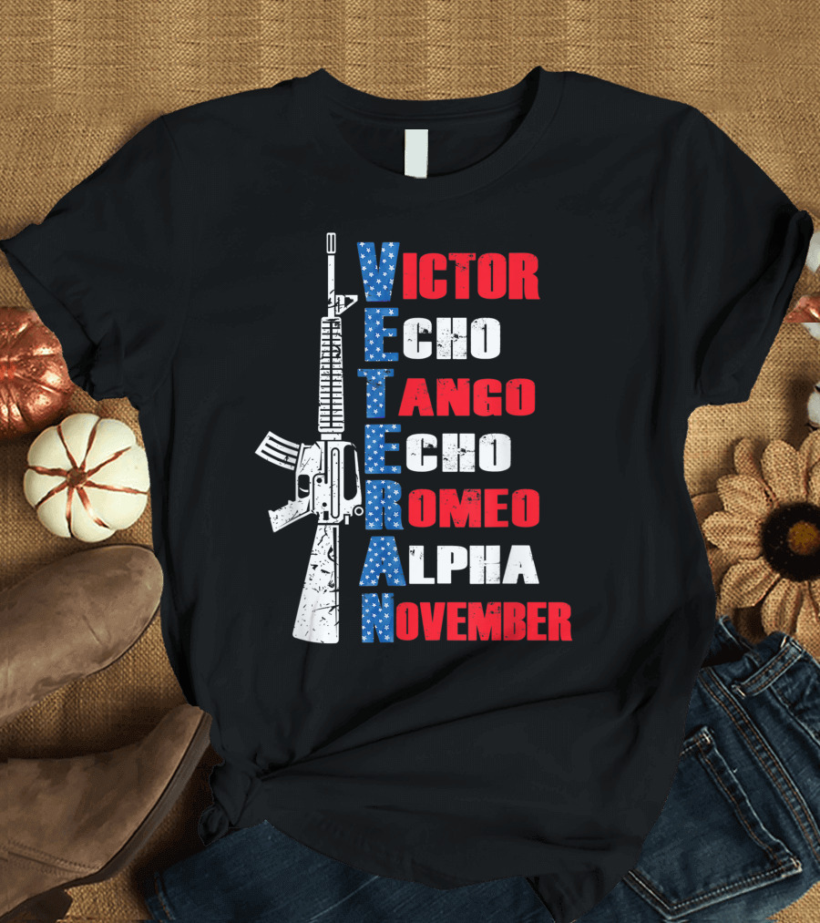 Veteran Victor Echo Tango Echo Romeo Alpha November Military Phonetic Alphabet Rifle American Flag T-Shirt
