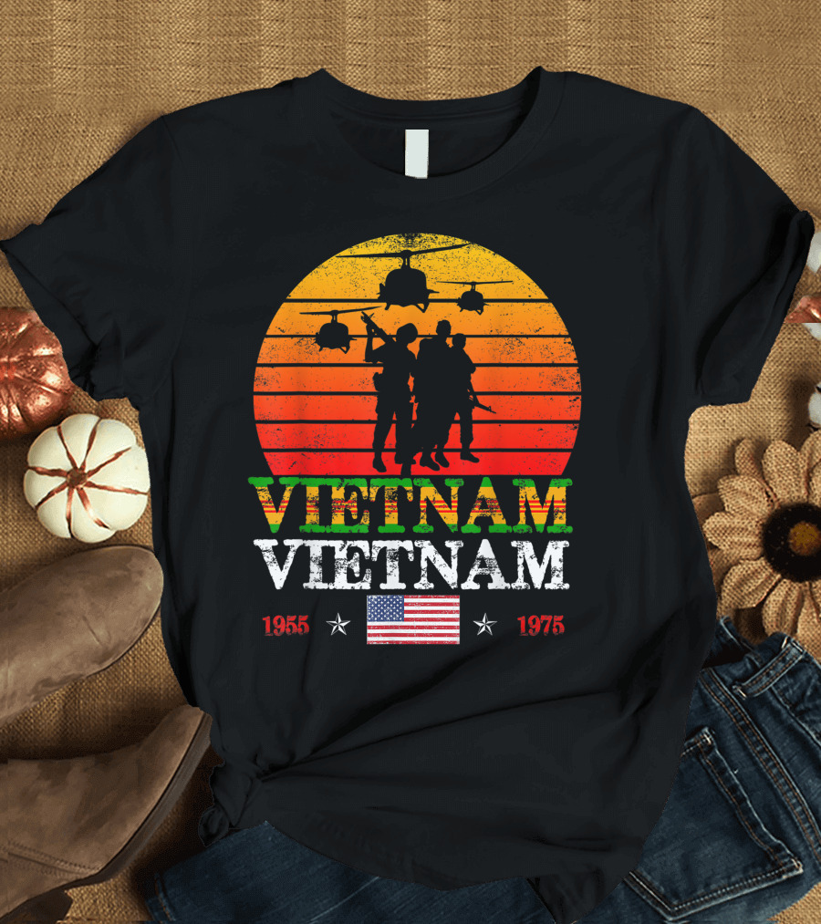 Vietnam Veteran Bell UH-1 Huey Helicopter Silhouette with 1955-1975 Stars and American Flag T-Shirt