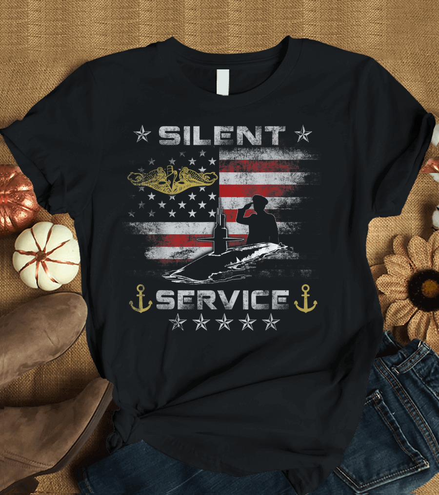 Silent Service US Navy Submarines Veteran American Flag Anchors and Submarine Salute T-Shirt