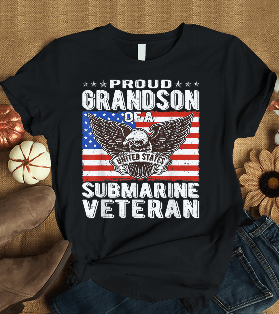 Proud Grandson Of United States Submarine Veteran Patriotic American Flag Bald Eagle T-Shirt