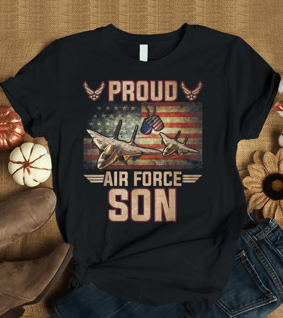 Proud Air Force Son American Flag Fighter Jets Veteran Pride T-Shirt
