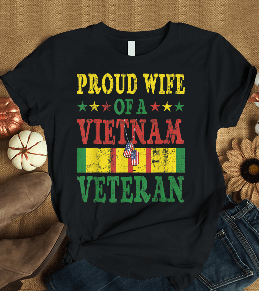 Proud Wife of a Vietnam Veteran with American Flag Dog Tags and Stars T-Shirt
