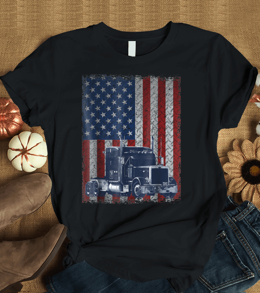 American Flag Truck Driver Trucker Patriotic Tractor Trailer T-Shirt