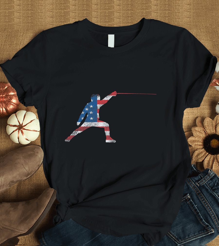 American Flag Fencer Sabre Fence USA Stars Stripes T-Shirt