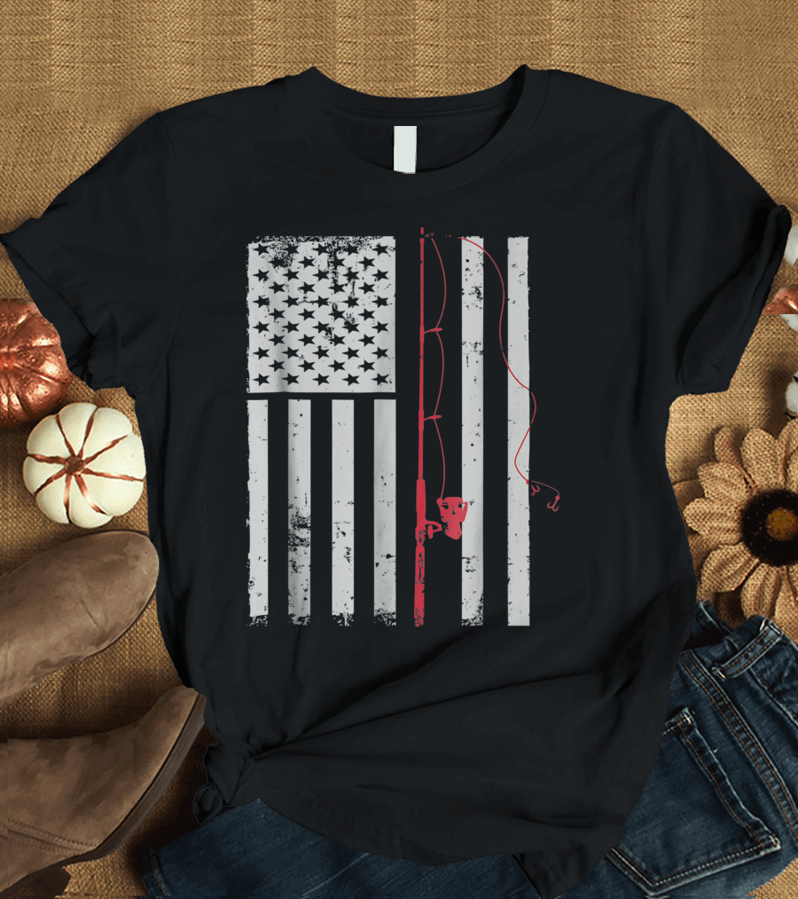 American Flag Patriotic Fishing Pole Outdoorsman Graphic T-Shirt