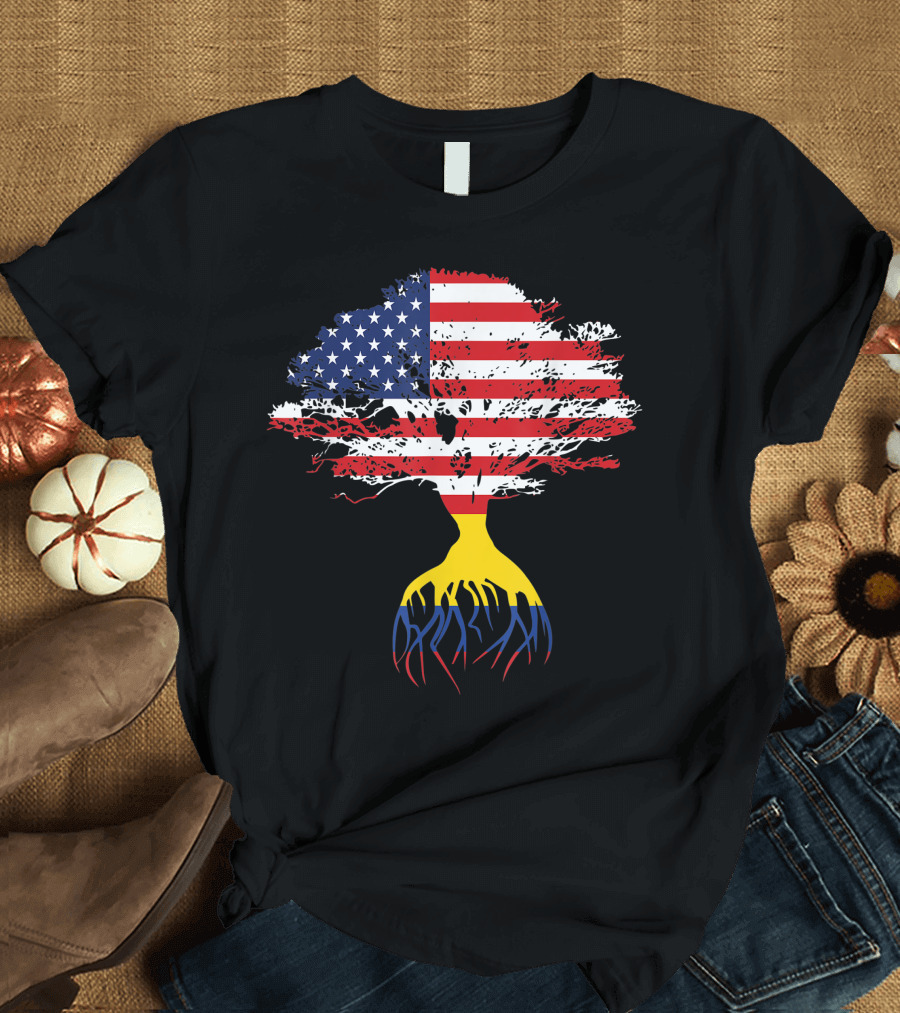American Flag on Tree with Colombian Roots T-Shirt