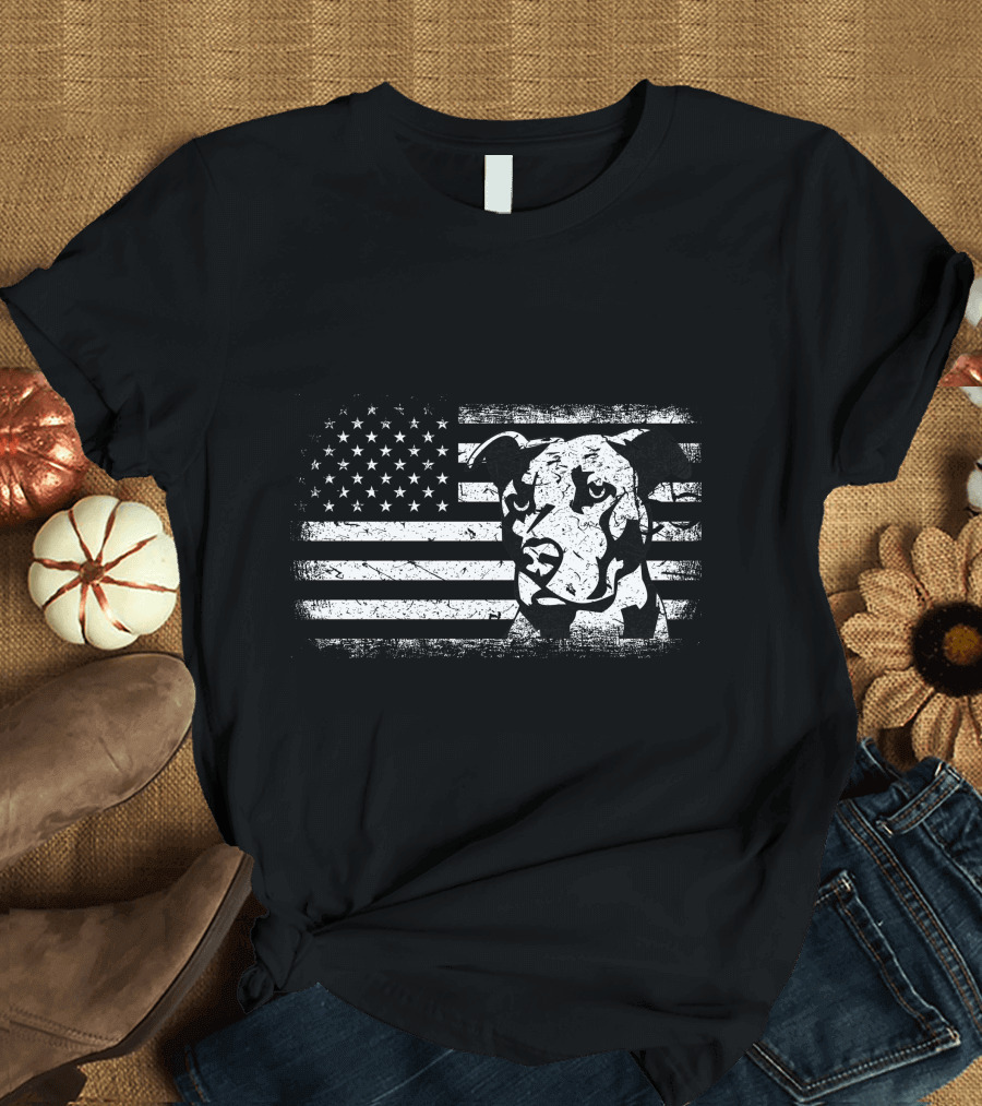 Vintage US American Flag Pitbull Dog T-Shirt