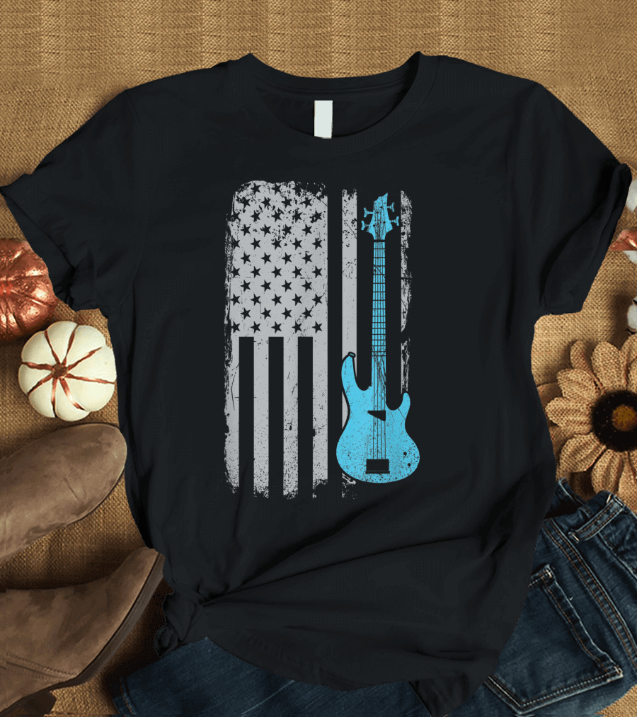 American Flag with Blue Electric Bass Guitar for Musicians T-Shirt