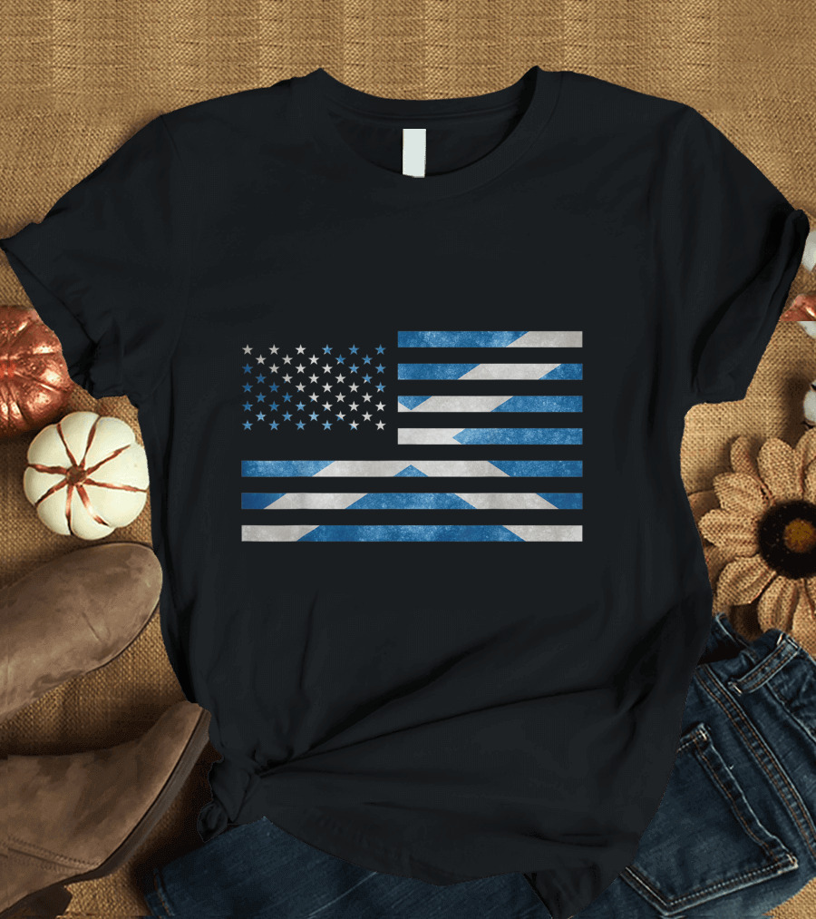 Scottish American Flag with Stars and Blue Saltire Stripes T-Shirt