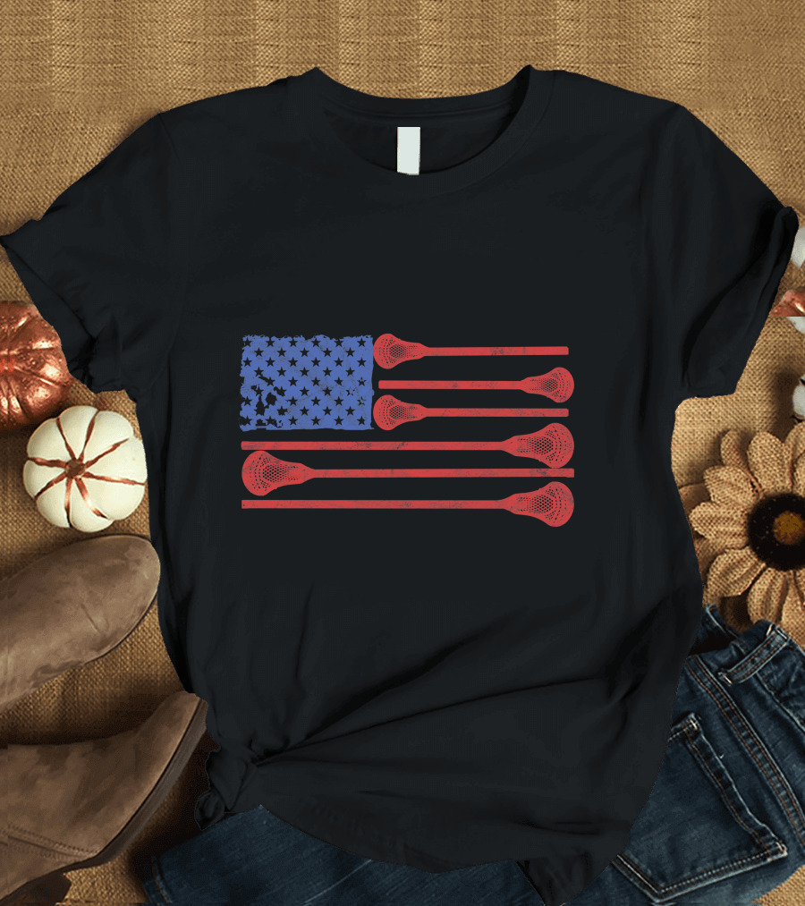 American Flag Lacrosse Sticks Patriotic Lax T-Shirt