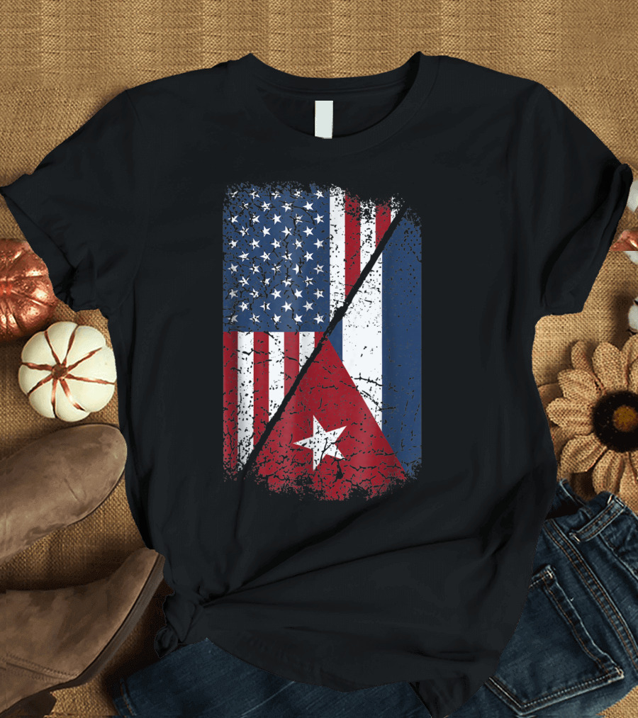 Cuban American Flag Split Design Featuring United States and Cuba Flags T-Shirt
