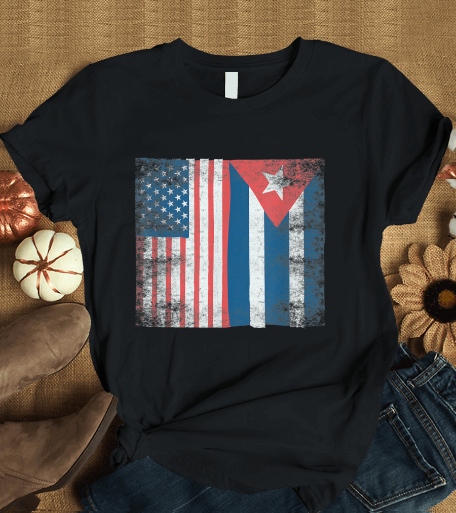 Cuban Flag Cuba American US Pride Roots Dual Flags T-Shirt