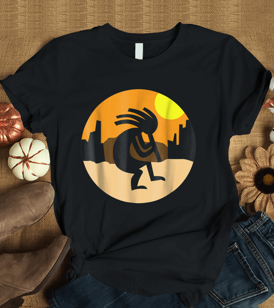 Kokopelli Native American Sunset Silhouette with Desert Sun Background T-Shirt