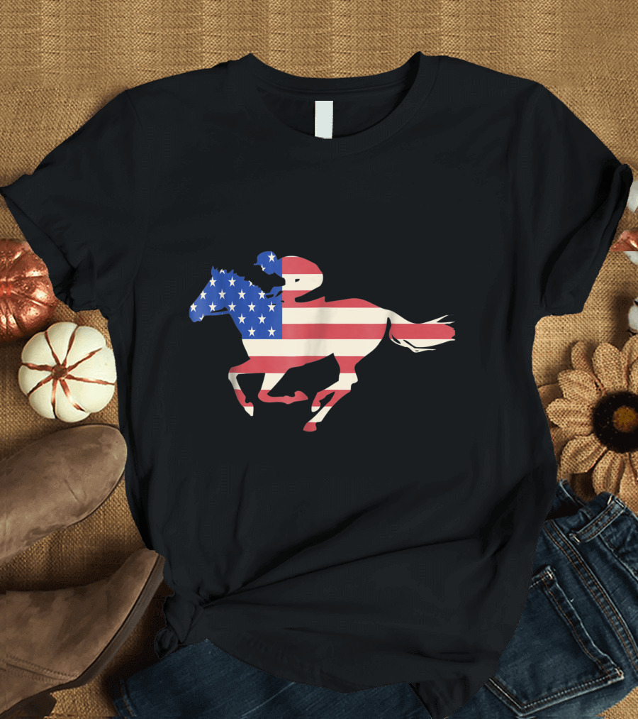 American Flag Horse Racing Equestrian Jockey T-Shirt