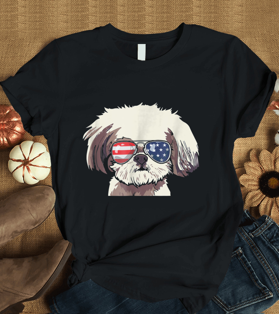 Shih Tzu Dog with American Flag Patriotic Sunglasses USA T-Shirt