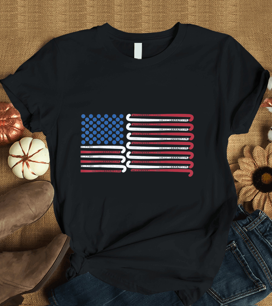 Field Hockey American Flag with Sticks and Blue Balls as Stars T-Shirt
