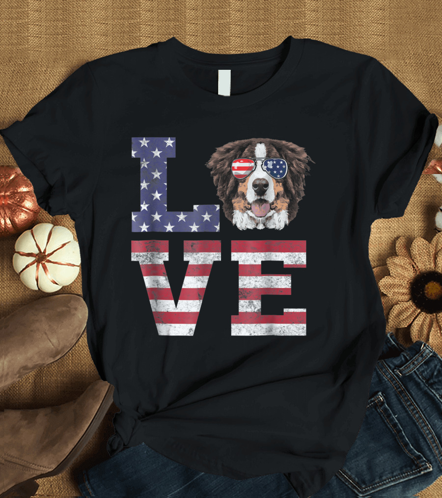 Love Bernese Mountain Dog American Flag Fourth of July T-Shirt