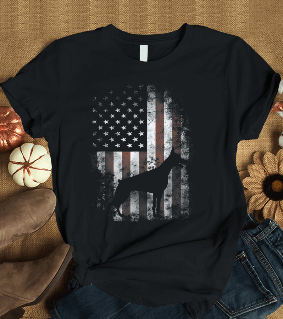 Doberman Pinscher Silhouette American Flag Patriotic T-Shirt