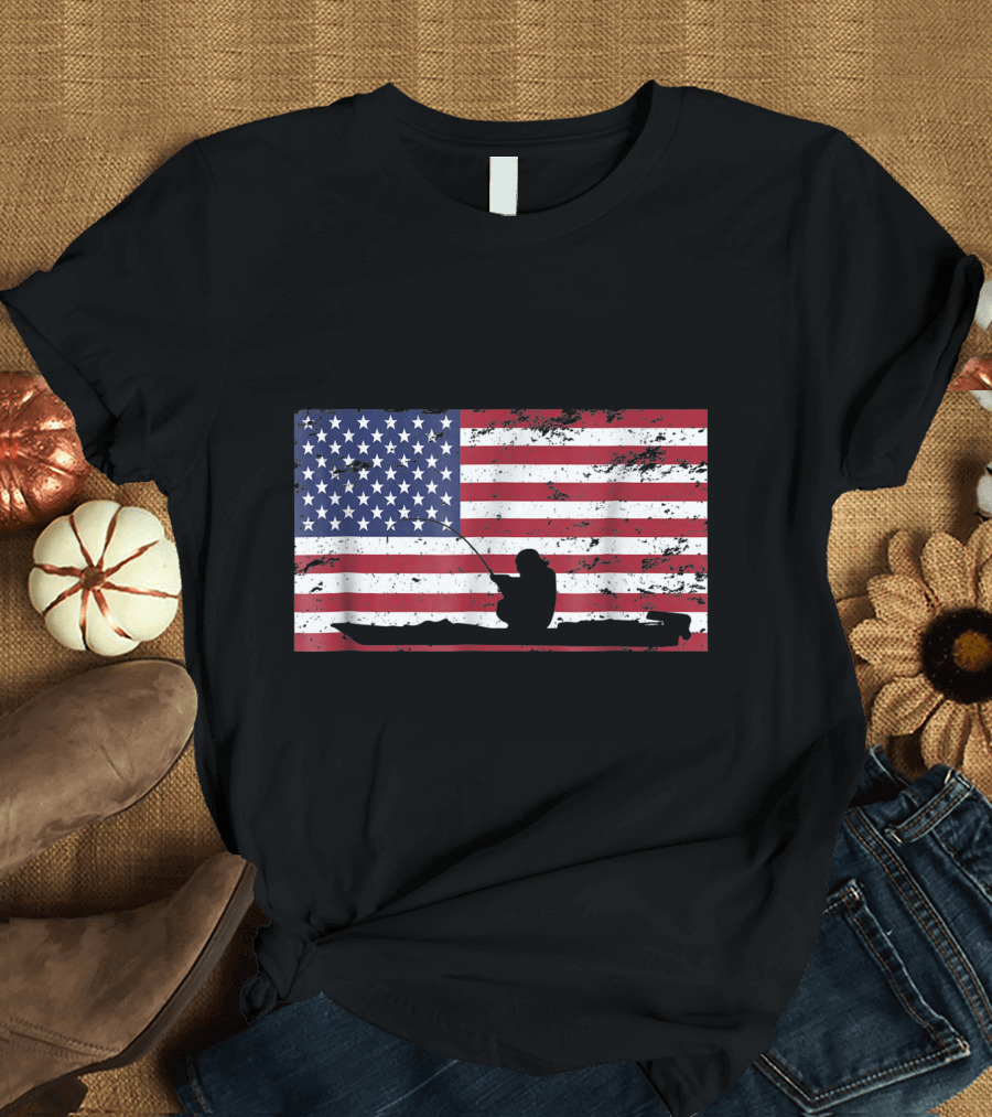 Kayak Fishing American Flag T-Shirt