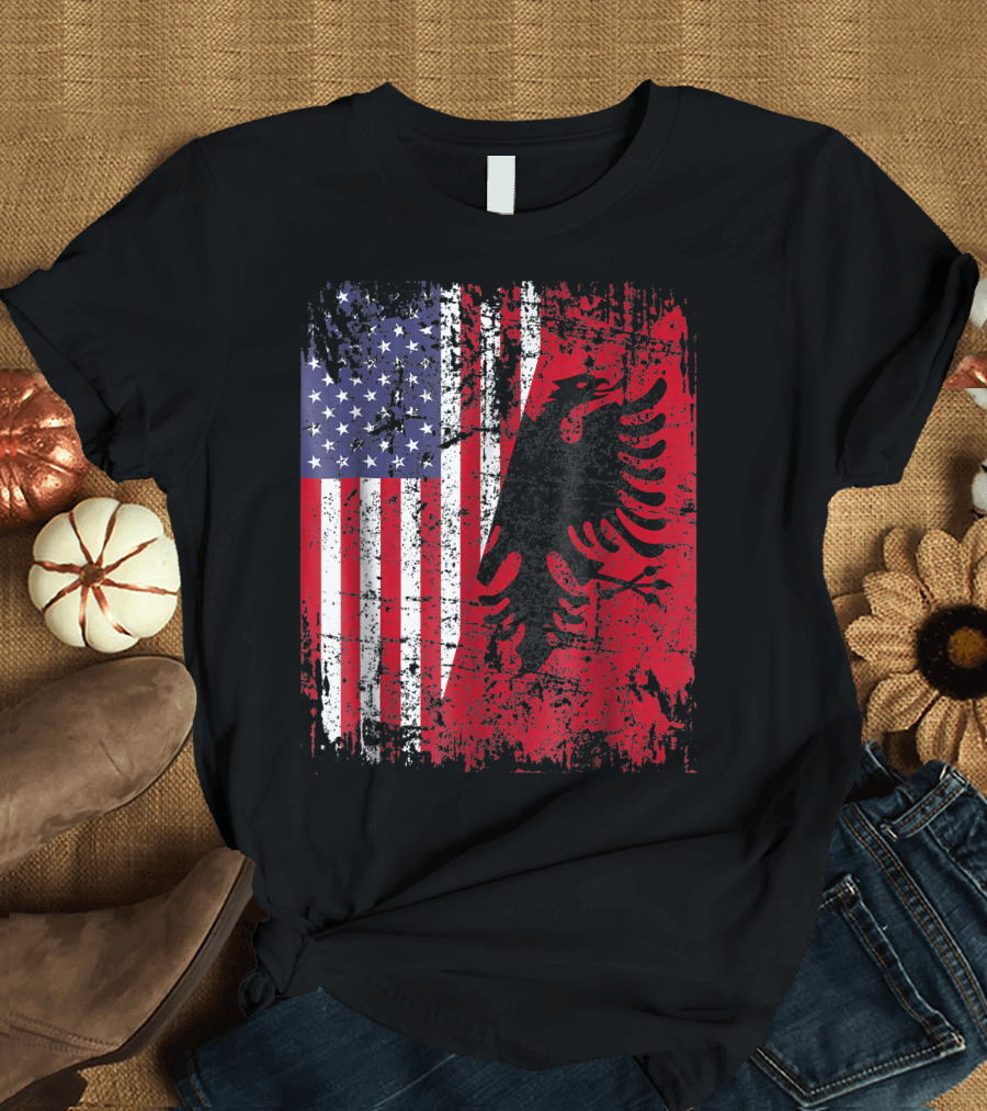 Albanian Roots Red Eagle Albania American Flag Blend T-Shirt
