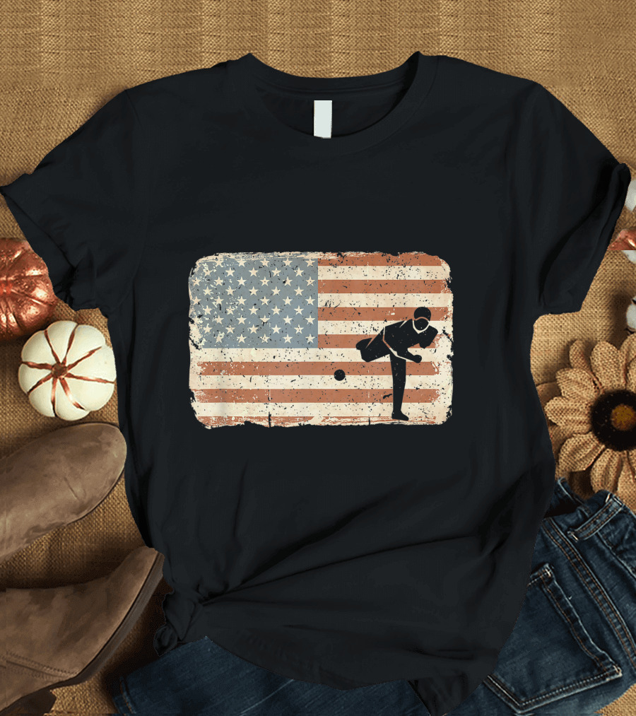 Vintage American Flag Baseball Pitcher T-Shirt
