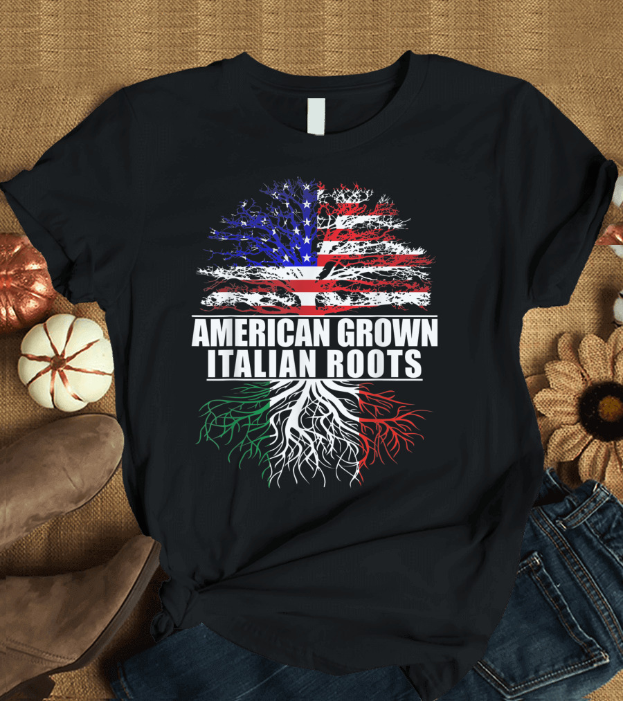 American Grown Italian Roots with USA Flag and Italy Colors T-Shirt