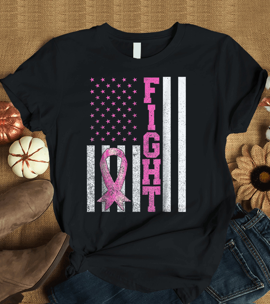 Fight Breast Cancer Awareness American Flag Pink Ribbon Stars Stripes T-Shirt