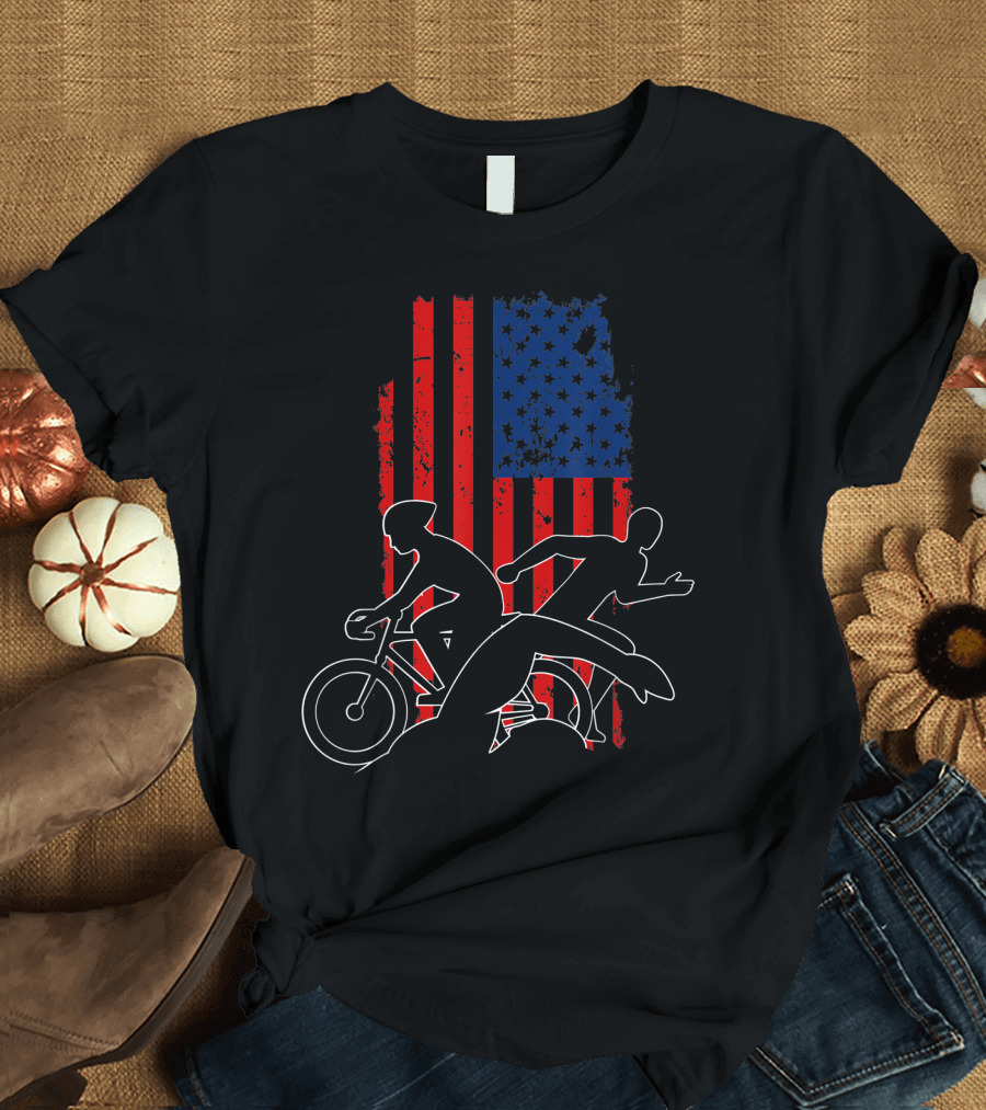 4Th Of July Swim Bike Run American Flag Triathlon T-Shirt
