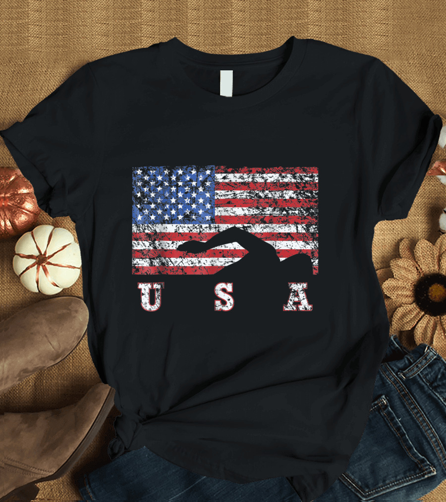 USA American Flag Swimmer Silhouette Team T-Shirt