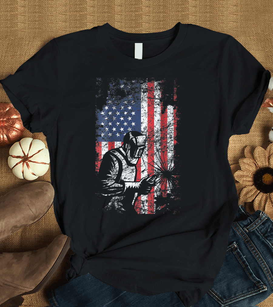 Welding Welder American Flag Distressed Image Back T-Shirt