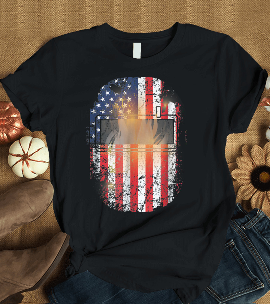 American Flag Welder Mask with Flames Patriotic T-Shirt