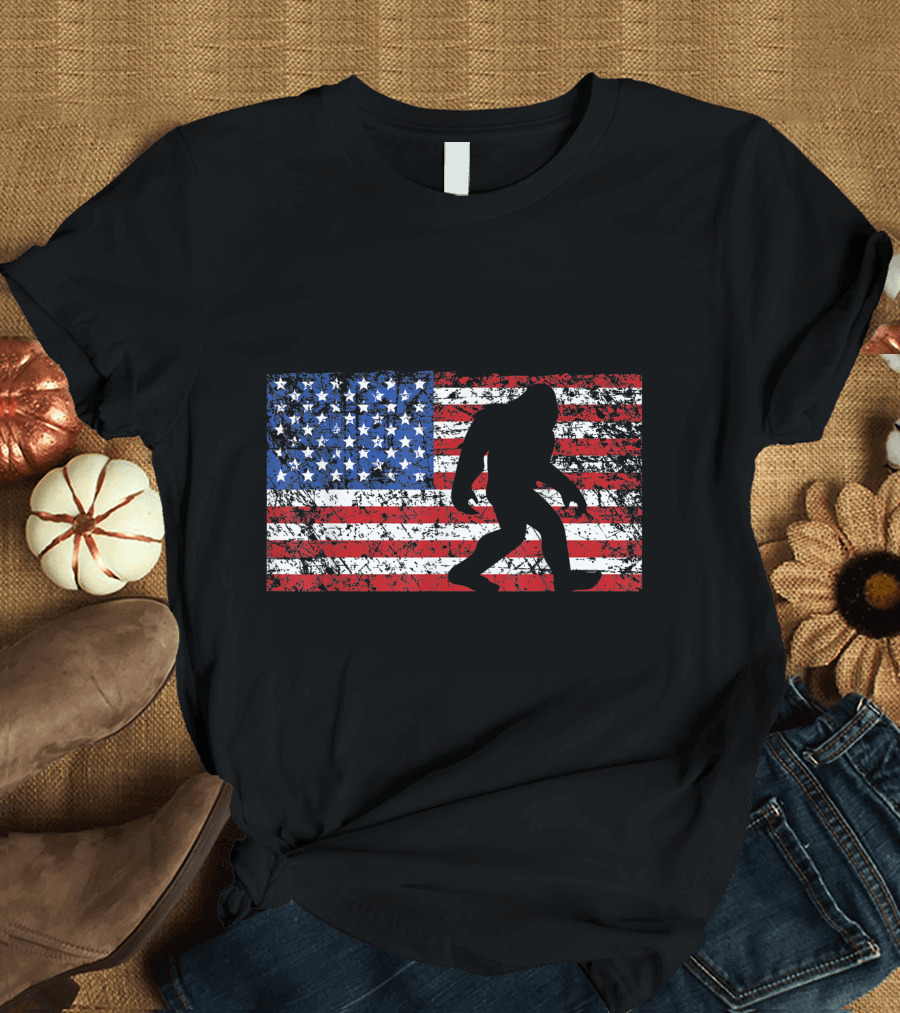 Funny Bigfoot Sasquatch American Flag 4th of July T-Shirt