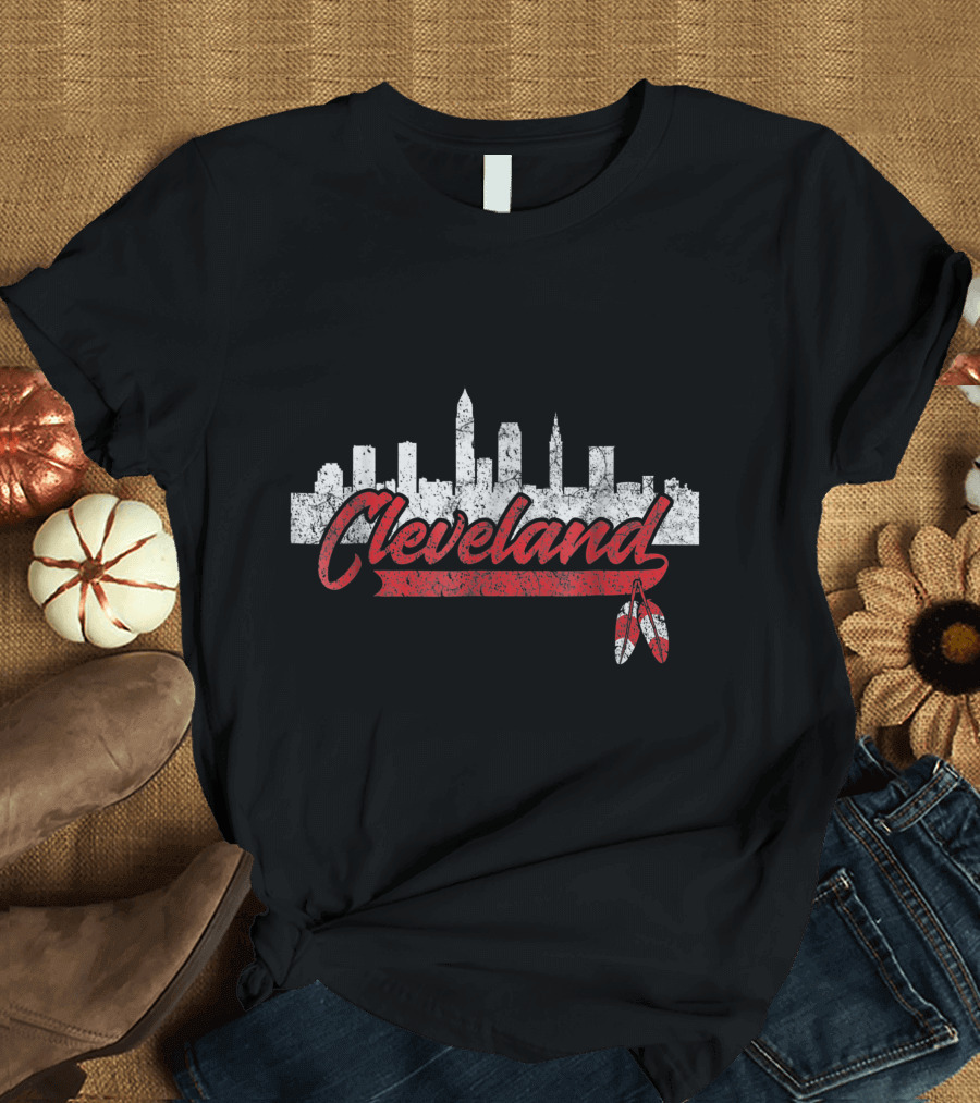 Cleveland Skyline with Native American Feather Motif and Text T-Shirt