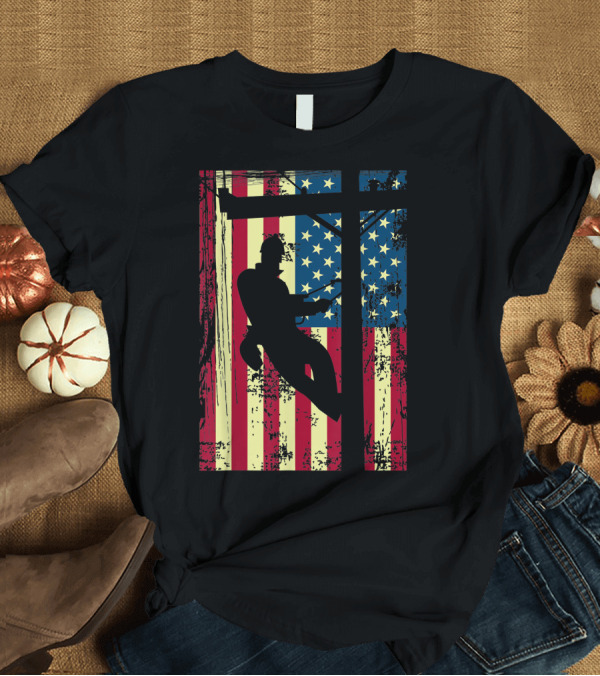 T-Shirt: Lineman American Flag Electric Cable Worker T-Shirt Lineman American Flag Electric Cable Worker T-Shirt