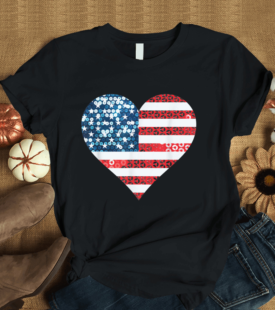 Usa Heart American Flag Murica Sequin T-Shirt