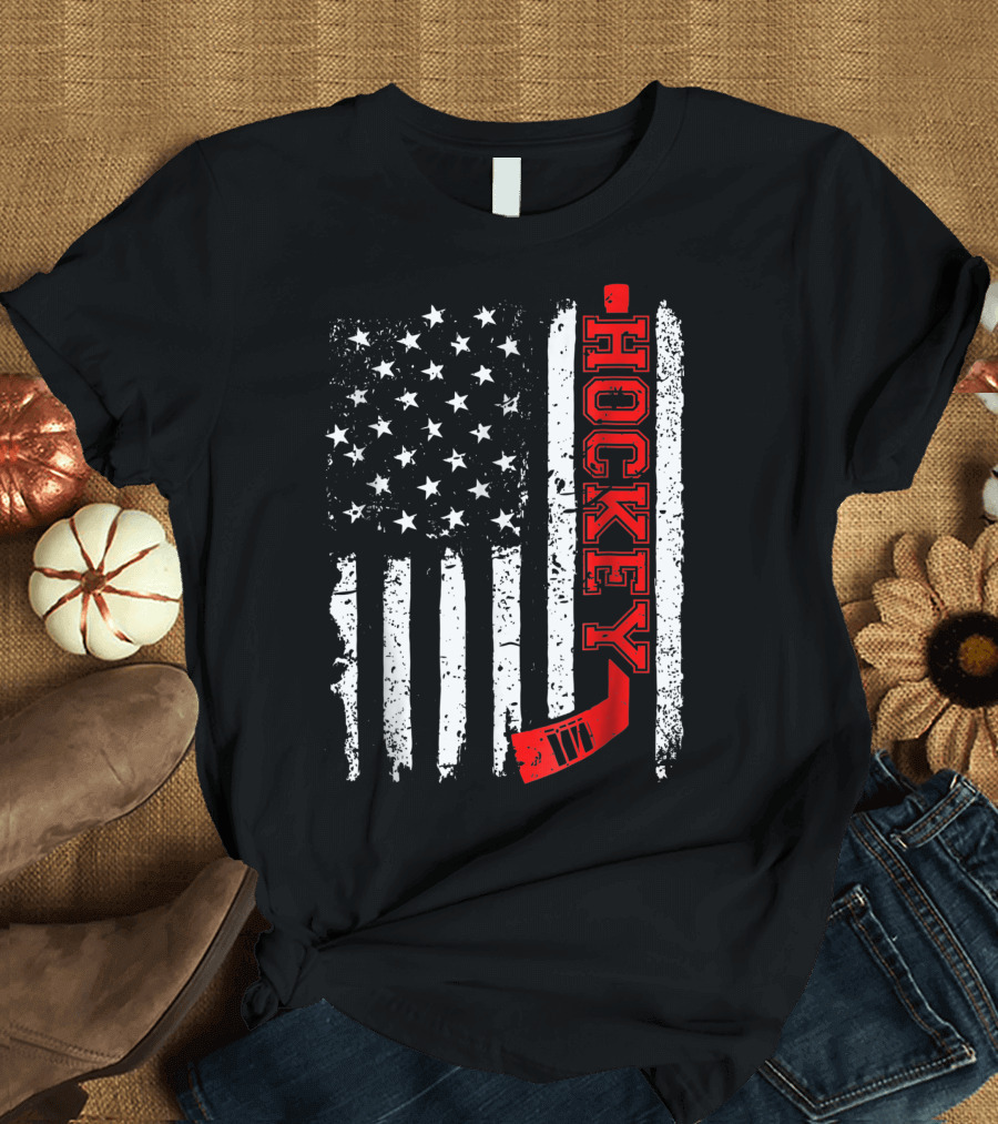 Hockey Stick American Flag with Red Vertical Hockey Text T-Shirt